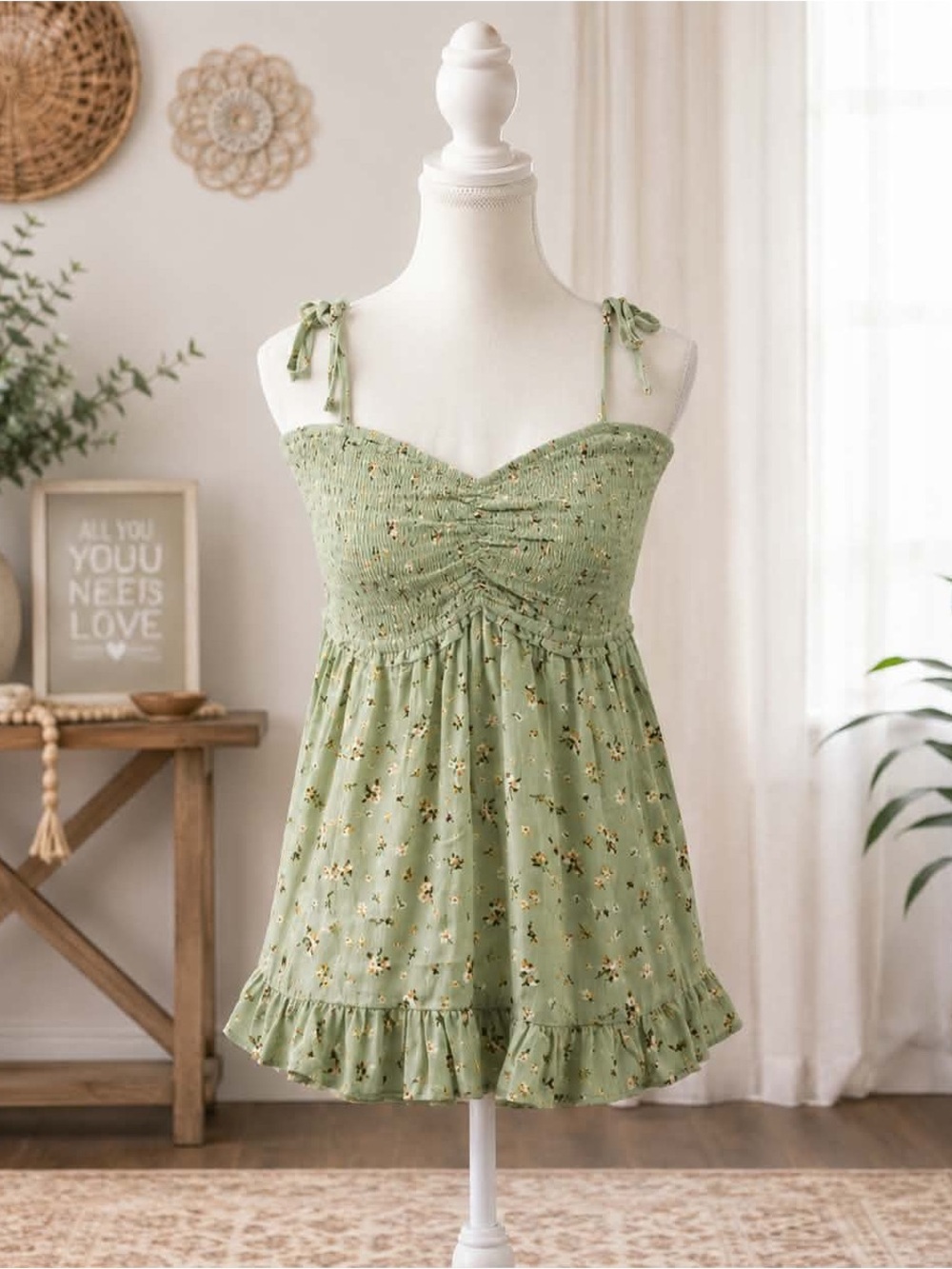 Hem & Thread Sage Green Floral Smocked Tie-Shoulder Chemise Dress